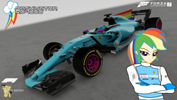 Size: 3840x2160 | Tagged: safe, artist:forzaveteranenigma, derpibooru import, rainbow dash, human, fanfic:equestria motorsports, equestria girls, formula 1, forza motorsport 7, racing suit