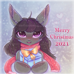 Size: 1300x1300 | Tagged: safe, derpibooru import, oc, bat pony, 2021, bat pony oc, bat wings, christmas, clothes, gift box, happy new year, holiday, merry christmas, scarf, snow, solo, wings