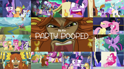 Size: 1964x1105 | Tagged: safe, derpibooru import, edit, edited screencap, screencap, applejack, cherry jubilee, fluttershy, pinkie pie, prince rutherford, princess celestia, rainbow dash, rarity, twilight sparkle, twilight sparkle (alicorn), alicorn, earth pony, pegasus, pony, unicorn, party pooped, cart, mane six, party cave, twilight's castle