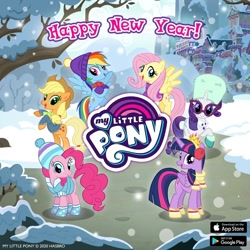 Size: 1080x1080 | Tagged: safe, derpibooru import, applejack, fluttershy, pinkie pie, rainbow dash, rarity, twilight sparkle, twilight sparkle (alicorn), alicorn, earth pony, pegasus, pony, unicorn, clothes, happy new year, holiday, mane six, my little pony logo, official, winter outfit