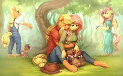 Size: 4172x2588 | Tagged: safe, alternate version, artist:audrarius, derpibooru exclusive, derpibooru import, applejack, fluttershy, winona, anthro, bird, dog, earth pony, pegasus, unguligrade anthro, applejack's hat, appleshy, blushing, breasts, clothes, colored pupils, coveralls, cowboy hat, cute, dress, ears, eyes closed, female, filly, filly applejack, filly fluttershy, flashback, floppy ears, forest, hat, hug, hug from behind, jackabetes, jeans, lesbian, lidded eyes, looking down, mare, overalls, pants, petting, puppy, scenery, shipping, shirt, shyabetes, sitting, sweater, sweatershy, tongue out, younger