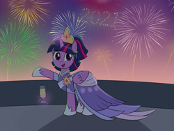 Size: 1600x1200 | Tagged: safe, artist:mew-me, derpibooru import, twilight sparkle, twilight sparkle (alicorn), alicorn, pony, the last problem, 2021, champagne glass, clothes, coronation dress, crown, dress, ear piercing, earring, female, fireworks, glowing horn, happy new year, holiday, hoof shoes, horn, jewelry, looking at you, magic, mare, open mouth, open smile, piercing, regalia, second coronation dress, smiling, smiling at you, telekinesis