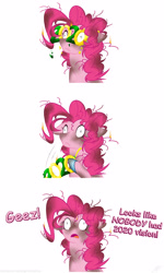 Size: 2550x4245 | Tagged: safe, artist:grievousfan, derpibooru import, pinkie pie, earth pony, pony, 2020, fire, glasses, glasses off, messy mane, open mouth, pun, simple background, white background