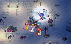 Size: 900x560 | Tagged: safe, derpibooru import, apple bloom, aria blaze, scootaloo, sweetie belle, trixie, oc, oc:cosmic lullaby, pony, bench, candle, lantern, pixel art, pony town, present, santa hooves, snow, tree, tree stump, winter