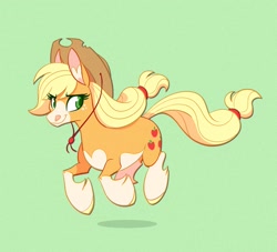 Size: 1300x1182 | Tagged: safe, artist:probablyfakeblonde, derpibooru import, part of a set, applejack, earth pony, pony, alternate design, coat markings, colored pupils, cowboy hat, ear fluff, ears, female, green background, hat, looking back, mare, simple background, smiling, socks (coat marking), solo, unshorn fetlocks