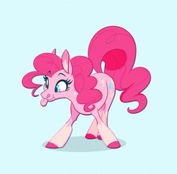 Size: 1200x1181 | Tagged: safe, artist:probablyfakeblonde, derpibooru import, part of a set, pinkie pie, earth pony, pony, :p, alternate design, blue background, colored pupils, cute, diapinkes, ear fluff, ears, female, mare, ponk, silly, simple background, smiling, solo, tongue out