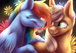 Size: 5000x3500 | Tagged: safe, artist:themessyfangirl, derpibooru import, applejack, rainbow dash, earth pony, pegasus, pony, appledash, eyes closed, female, fireworks, happy new year, holiday, lesbian, new year, redraw, shipping