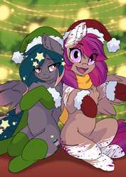 Size: 2480x3508 | Tagged: safe, artist:arctic-fox, derpibooru import, oc, oc only, oc:asteroid trail, oc:star universe, pegasus, pony, back to back, bedroom eyes, christmas, christmas lights, christmas tree, clothes, cute, duo, ender's herd, eye clipping through hair, female, hat, holiday, santa hat, seductive, spread wings, stockings, thigh highs, tree, wings