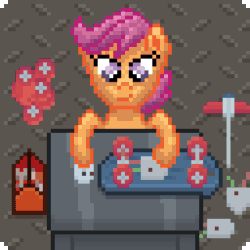 Size: 384x384 | Tagged: safe, artist:silent pone, derpibooru exclusive, derpibooru import, scootaloo, pegasus, pony, animated, cute, cutealoo, desk, female, filly, fixing, gif, pixel art, scooter, solo, sparks, switch, toolbox, tools, upgrade, wheel, wires