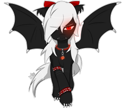 Size: 1468x1294 | Tagged: artist needed, safe, oc, oc only, bat pony, bat pony oc, bat wings, black coat, claws, ear fluff, ears, glowing eyes, hair bow, looking at you, red eyes, simple background, spiked collar, spread wings, transparent background, white mane, white outline, white tail, wings