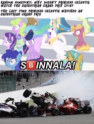 Size: 1921x2538 | Tagged: safe, derpibooru import, princess celestia, starlight glimmer, twilight sparkle, twilight sparkle (alicorn), alicorn, pony, background pony, cloudsdale international raceway, crash, formula 1, meme, s🅱️innala, 🅱