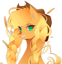 Size: 1884x1958 | Tagged: safe, artist:clefficia, derpibooru import, applejack, earth pony, pony, braid, bust, cowboy hat, female, food, hat, mare, portrait, simple background, solo, straw in mouth, transparent background, wheat