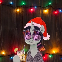 Size: 1080x1080 | Tagged: safe, artist:smol_andriusha, derpibooru import, oc, oc only, pony, unicorn, bust, christmas, christmas lights, clothes, eyelashes, hat, holiday, hoof hold, horn, male, santa hat, smiling, stallion, sunglasses, unicorn oc