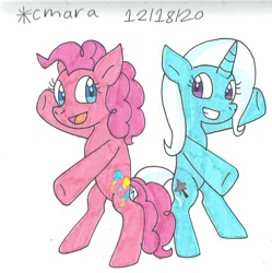 Size: 1042x1048 | Tagged: safe, artist:cmara, derpibooru import, pinkie pie, trixie, earth pony, pony, unicorn, bipedal, duo, female, grin, mare, open mouth, raised hoof, simple background, smiling, traditional art, white background
