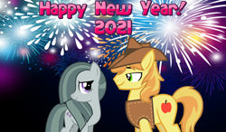 Size: 2064x1204 | Tagged: safe, anonymous artist, derpibooru import, braeburn, marble pie, earth pony, 2021, braeble, female, fireworks, happy new year, holiday, looking at each other, male, new year, shipping, smiling, straight