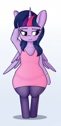Size: 1175x2430 | Tagged: safe, artist:andelai, derpibooru import, twilight sparkle, twilight sparkle (alicorn), alicorn, semi-anthro, blushing, bracelet, chubby, chubby twilight, clothes, dress, female, gradient background, horn, jewelry, leggings, looking away, looking sideways, mare, plump, sideways glance, simple background, solo, white background, wide hips, wings