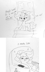 Size: 1485x2348 | Tagged: safe, artist:tjpones, derpibooru import, oc, oc only, oc:brownie bun, earth pony, pony, chair, chips, expectation vs reality, female, food, grayscale, mare, monochrome, new year, pencil drawing, potato chips, sitting, sketch, solo, traditional art