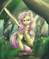 Size: 1600x1920 | Tagged: safe, artist:evedizzy26, derpibooru import, fluttershy, pegasus, pony, alternate eye color, crepuscular rays, female, flower, flying, forest, lidded eyes, looking at you, mare, red eyes, smiling, solo, spread wings, vine, wings