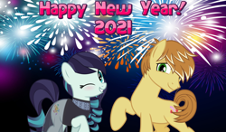 Size: 2064x1204 | Tagged: safe, anonymous artist, derpibooru import, coloratura, feather bangs, earth pony, 2021, colorabangs, female, happy new year, holiday, male, one eye closed, shipping, smiling, straight, wink