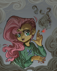 Size: 1000x1238 | Tagged: safe, artist:duckjifs246, derpibooru import, fluttershy, equestria girls, bust, cigarette, clothes, female, head turn, holding, looking at you, open mouth, portrait, smiling, smoke, smoking, solo, stray strand, sweater, sweatershy