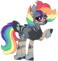 Size: 1050x1113 | Tagged: safe, artist:tiberioustat2s, derpibooru import, rainbow dash, pegasus, pony, bandage, female, fluffy, messy mane, photo, redesign, scar, simple background, solo, sticker, transparent background