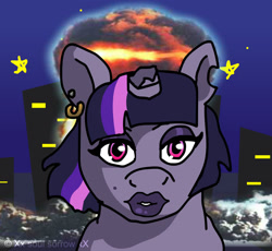 Size: 1280x1180 | Tagged: safe, artist:xskettigo-catloverx, derpibooru import, twilight sparkle, pony, unicorn, fallout equestria, broken horn, bust, crossover, female, horn, looking at you, mare, portrait, solo