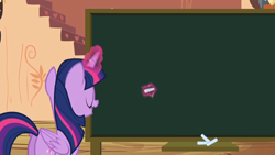 Size: 720x406 | Tagged: safe, derpibooru import, edit, edited screencap, screencap, twilight sparkle, twilight sparkle (alicorn), alicorn, testing testing 1-2-3, chalkboard, golden oaks library, photoshop, solo