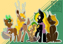 Size: 960x682 | Tagged: safe, artist:cbkdraws, derpibooru import, oc, oc only, oc:bada nevada, oc:vermont black, oc:veronica black, oc:vittaria black, oc:vladimir black, deer, deer pony, earth pony, original species, pony, antlers, apron, bowl, clothes, collar, family, group, looking at each other, male, mixing bowl, phi, scarf, sitting, spiked collar, stallion