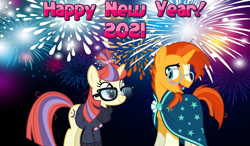 Size: 2064x1204 | Tagged: safe, anonymous artist, derpibooru import, moondancer, sunburst, unicorn, 2021, female, fireworks, happy new year, holiday, looking at each other, male, shipping, smiling, straight, sundancer