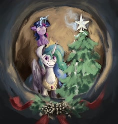 Size: 2387x2522 | Tagged: safe, artist:th3ipodm0n, derpibooru import, princess celestia, twilight sparkle, unicorn twilight, alicorn, pony, unicorn, christmas, christmas decoration, christmas tree, christmas wreath, concentrating, decorating, duo, female, folded wings, glowing horn, high res, holiday, horn, mare, ponies riding ponies, riding, smiling, tree, unfinished art, wings, wip, wreath, younger