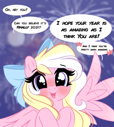 Size: 3044x3394 | Tagged: safe, artist:emberslament, derpibooru import, oc, oc only, oc:bay breeze, pegasus, pony, blushing, bow, cute, female, fireworks, hair bow, heart eyes, looking at you, mare, new year, ocbetes, open mouth, positive ponies, speech, speech bubble, talking, talking to viewer, wingding eyes