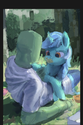 Size: 442x669 | Tagged: safe, artist:rhorse, ponerpics import, lyra heartstrings, oc, oc:anon, human, pony, unicorn, daisy (flower), duo, female, flower, horn, lying down, lying on top of someone, mare