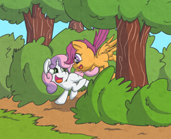 Size: 2512x2041 | Tagged: safe, artist:handsockz, derpibooru import, twibooru import, scootaloo, sweetie belle, deleted from derpibooru, forest