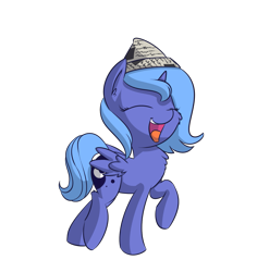 Size: 1261x1333 | Tagged: safe, artist:handsockz, derpibooru import, twibooru import, princess luna, alicorn, pony, deleted from derpibooru, eyes closed, female, filly, happy, hat, simple background, solo, woona, younger