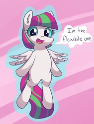 Size: 776x1028 | Tagged: safe, artist:handsockz, derpibooru import, twibooru import, blossomforth, deleted from derpibooru, flexible, looking at you, open mouth, smiling, solo, speech bubble, spread wings, wings