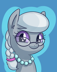 Size: 672x858 | Tagged: safe, artist:handsockz, derpibooru import, twibooru import, silver spoon, earth pony, pony, braid, bust, deleted from derpibooru, female, filly, glasses, looking at you, pearl necklace, portrait, smiling, solo