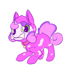 Size: 1195x1075 | Tagged: safe, artist:handsockz, derpibooru import, twibooru import, sweetie belle, dog, animal costume, bone, clothes, costume, cute, deleted from derpibooru, diasweetes, solo