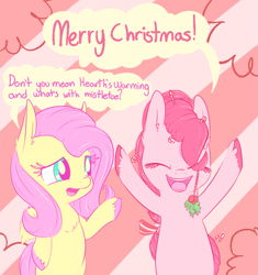 Size: 1129x1200 | Tagged: safe, artist:handsockz, derpibooru import, twibooru import, fluttershy, pinkie pie, earth pony, pegasus, pony, candy, candy cane, christmas, deleted from derpibooru, female, flutterpie, food, hearth's warming, holiday, holly, holly mistaken for mistletoe, hooves, lesbian, shipping, speech bubble, unshorn fetlocks