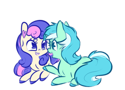 Size: 908x659 | Tagged: safe, artist:handsockz, derpibooru import, twibooru import, bon bon, lyra heartstrings, sweetie drops, earth pony, pony, unicorn, deleted from derpibooru, female, lesbian, looking at each other, lyrabon, open mouth, prone, shipping, simple background, smiling, transparent background