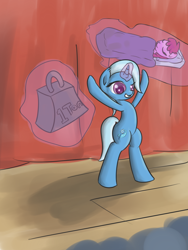 Size: 1052x1400 | Tagged: safe, artist:handsockz, derpibooru import, twibooru import, berry punch, berryshine, trixie, bed, deleted from derpibooru, magic, sleeping, smiling, stage, weight