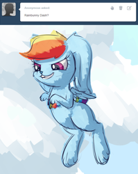 Size: 1280x1612 | Tagged: safe, artist:handsockz, derpibooru import, twibooru import, rainbow dash, rabbit, animal, deleted from derpibooru, solo, species swap