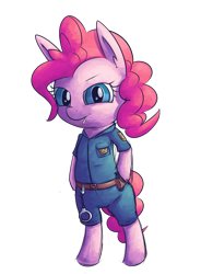 Size: 1489x2020 | Tagged: safe, artist:handsockz, derpibooru import, twibooru import, pinkie pie, earth pony, pony, bipedal, clothes, deleted from derpibooru, police pony, solo, uniform