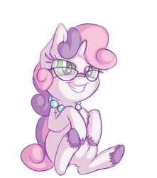 Size: 1288x1454 | Tagged: safe, artist:handsockz, derpibooru import, twibooru import, sweetie belle, pony, unicorn, accessory swap, chest fluff, deleted from derpibooru, female, filly, foal, glasses, grin, hooves, implied lesbian, implied shipping, implied silver spoon, implied silverbelle, sitting, smiling, solo, unshorn fetlocks