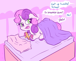 Size: 1261x1024 | Tagged: dead source, safe, artist:handsockz, derpibooru import, twibooru import, scootaloo, sweetie belle, bed, bed mane, blanket, deleted from derpibooru, dialogue, hooves, morning ponies, plushie, prone, solo, unshorn fetlocks