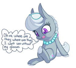 Size: 1050x947 | Tagged: safe, artist:handsockz, derpibooru import, twibooru import, silver spoon, deleted from derpibooru, glasses, hooves, missing accessory, solo, speech bubble, unshorn fetlocks