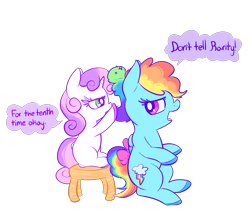 Size: 1800x1569 | Tagged: safe, artist:handsockz, derpibooru import, twibooru import, rainbow dash, sweetie belle, pegasus, pony, alternate hairstyle, bow, deleted from derpibooru, dialogue, hair styling, hooves, ponytail, rainbow dash always dresses in style, stool, tail bow