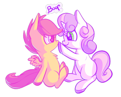 Size: 1617x1286 | Tagged: safe, artist:handsockz, derpibooru import, twibooru import, scootaloo, sweetie belle, boop, chest fluff, cute, cutealoo, deleted from derpibooru, diasweetes, hooves, nose wrinkle, smiling