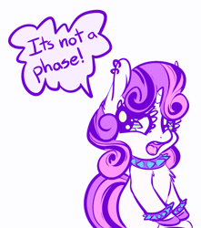 Size: 805x909 | Tagged: safe, artist:handsockz, derpibooru import, twibooru import, sweetie belle, collar, deleted from derpibooru, metal belle, simple background, solo, speech bubble