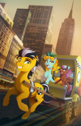 Size: 648x1000 | Tagged: safe, artist:dvixie, derpibooru import, twibooru import, oc, oc only, oc:bowtie, oc:cabbie, oc:liberty, deleted from derpibooru, empire state building, manehattan, new york city, open mouth, ponycon, ponycon nyc, poster, signature, taxi