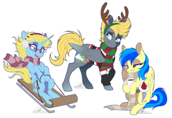 Size: 2000x1366 | Tagged: safe, artist:dvixie, derpibooru import, twibooru import, oc, oc only, oc:silvia, antlers, chocolate, clothes, commission, deleted from derpibooru, earmuffs, food, hoof hold, hot chocolate, mug, reindeer antlers, scarf, sled, sweater